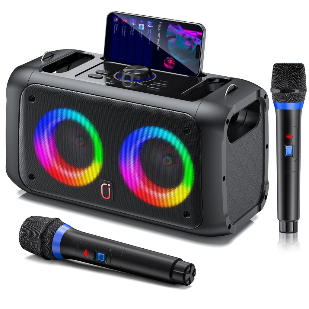 Disfruta de la JYX Máquina de Karaoke con luces LED y micrófonos inalámbricos
