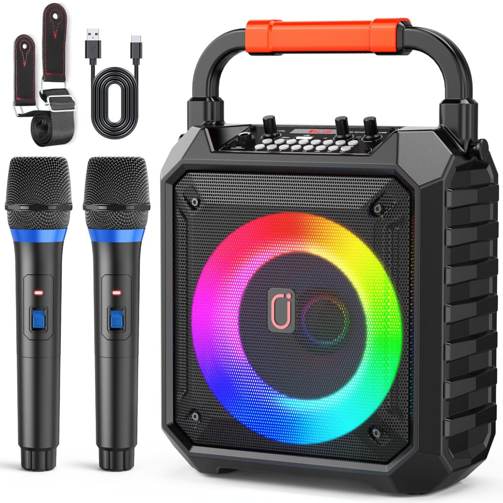 Disfruta del JAUYXIAN Karaoke con dos micrófonos y luces LED para todas las fiestas