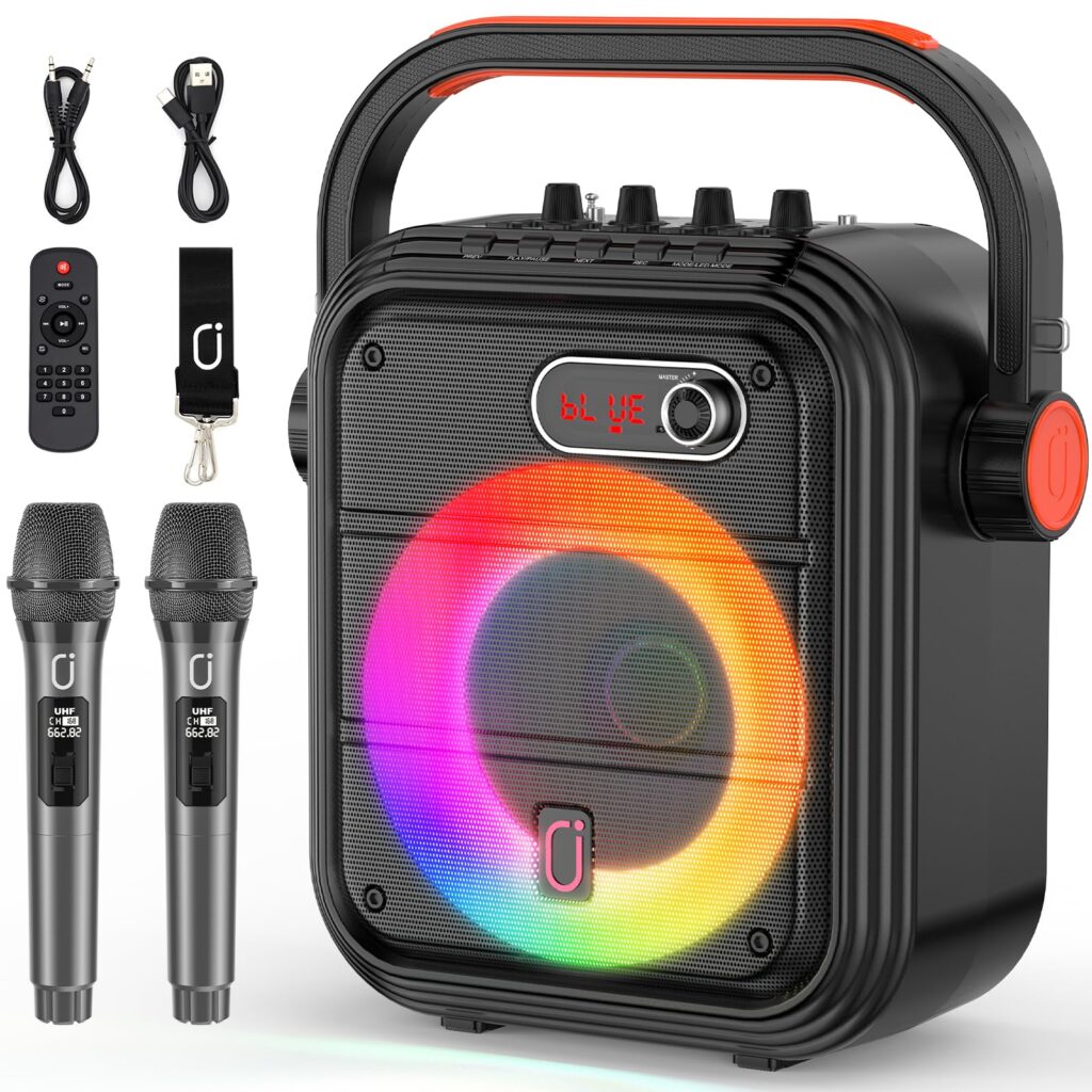 Disfruta del JYX Karaoke con dos micrófonos y luces para fiestas inolvidables